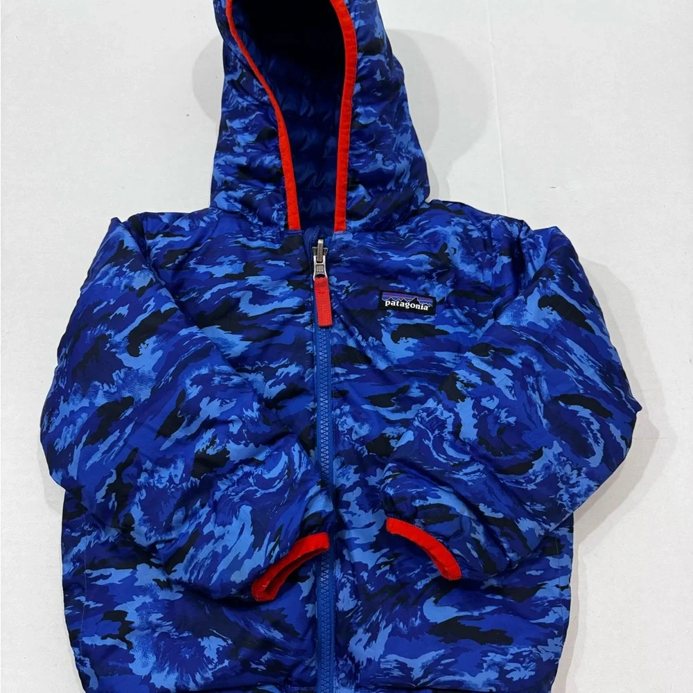 Patagonia Blue and Black Camouflage Jacket with Orange Trim